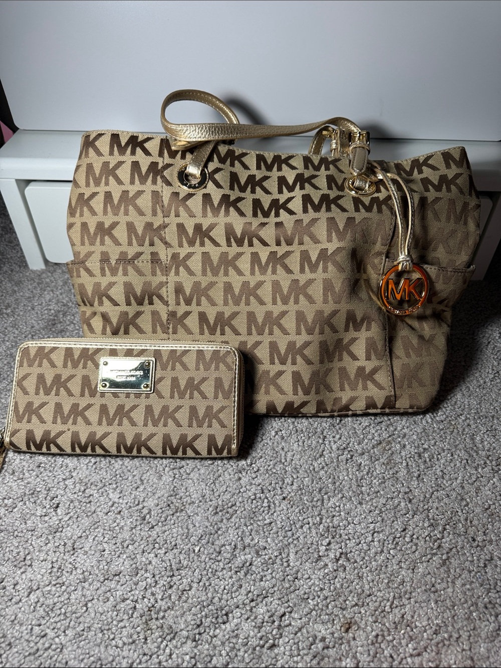 Michael Kors Beige Brown MK Logo Tote with Matching Wallet